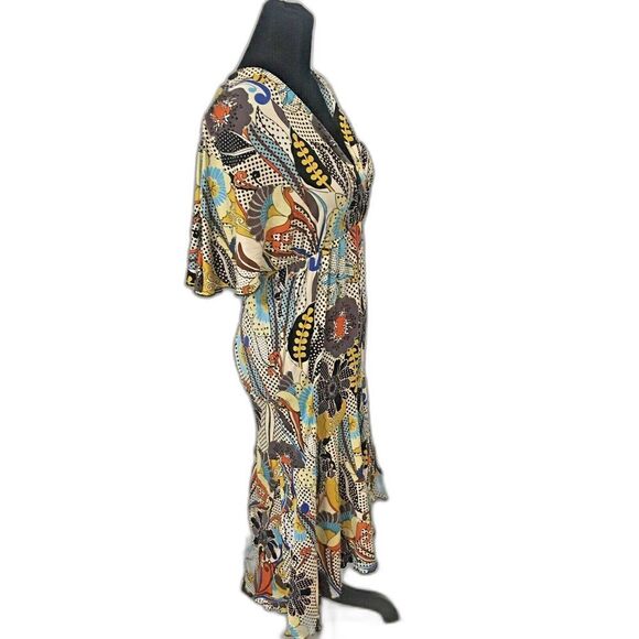 UNBRANDED Vintage Mod Print Kimono Sleeve Fitted Low Back Polyester Dress Small - Picture 3 of 4